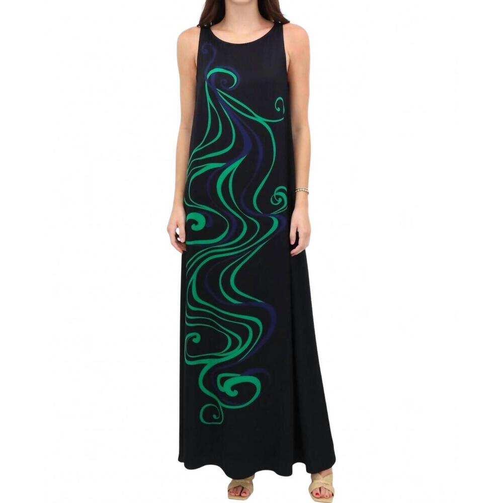 NEW MI JONG LEE sleeveless trapeze dress in black multi